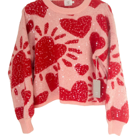 Luna Ivy Sequin Heart Sweater Pink Red Medium Boxy Preppy Y2K Glam Playful - Picture 5 of 10